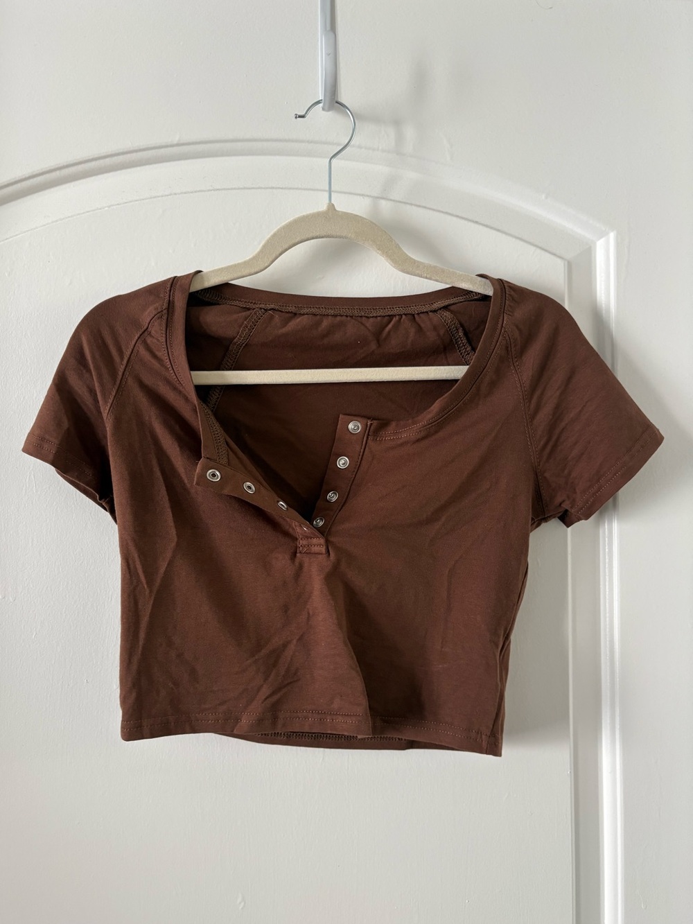 Brown Snap-Front Henley Cropped Tee